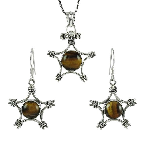 Daily Wear 925 Sterling Silver Tiger Eye, Pearl Gemstone Pendant and Earrings Set