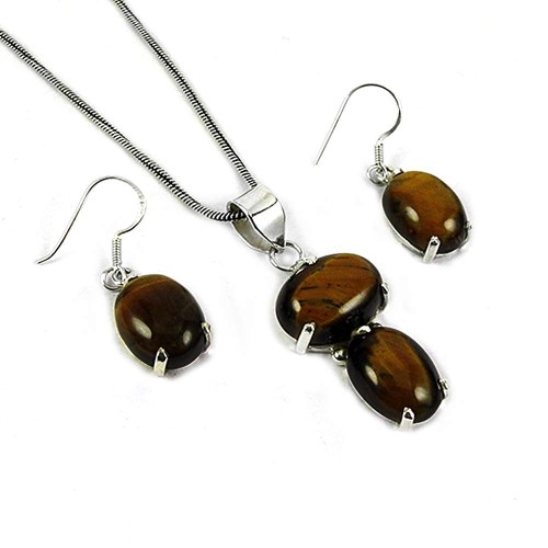 Graceful 925 Sterling Silver Tiger Eye Gemstone Pendant and Earrings Set