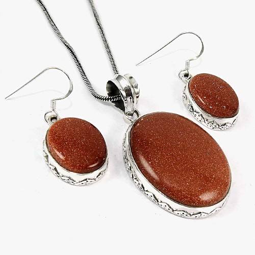 Engaging 925 Sterling Silver Brown Sunstone Gemstone Pendant and Earrings Set