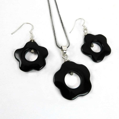 Fashion 925 Sterling Silver Black Onyx Gemstone Pendant and Earrings Set