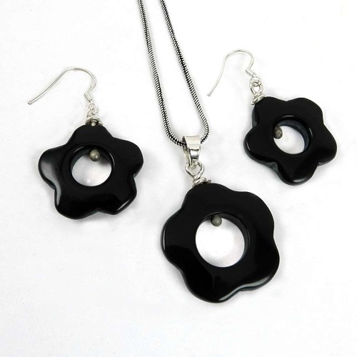 Designer 925 Sterling Silver Black Onyx Gemstone Pendant and Earrings Set