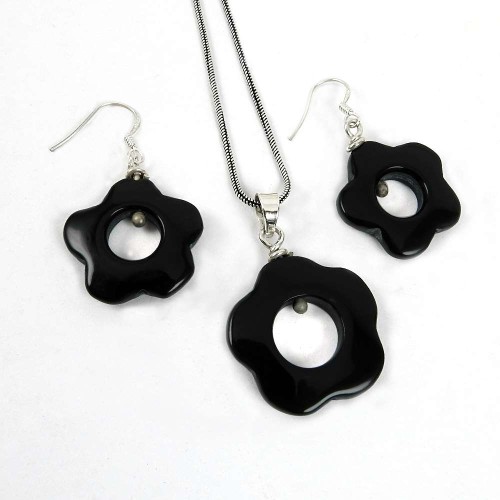 Party Wear 925 Sterling Silver Black Onyx Gemstone Pendant and Earrings Set