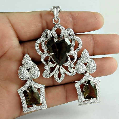 Royal Style 925 Sterling Silver Smoky Quartz CZ Gemstone Earring and Pendant Set