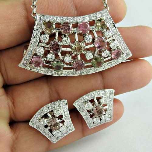 A Secret 925 Sterling Silver Tourmaline CZ Gemstone Earring and Pendant Set