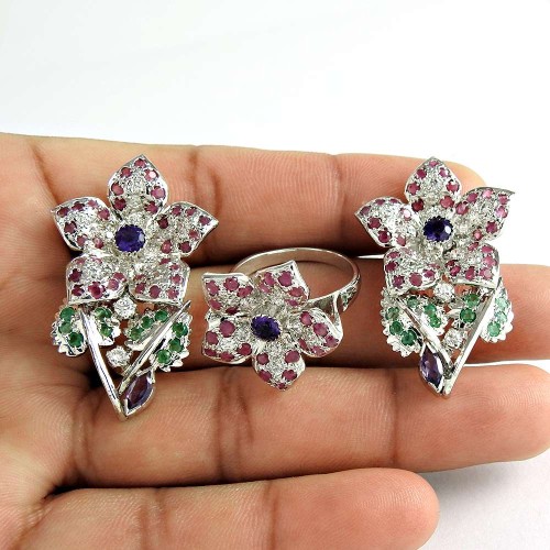 Big Secret 925 Sterling Silver Ruby Amethyst CZ Emerald Gemstone Earring and Ring Set