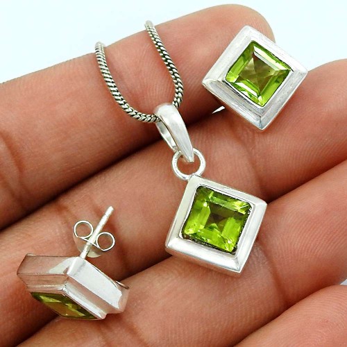 Peridot Gemstone Earring Pendant Set 925 Sterling Silver Handmade Indian Jewelry T1