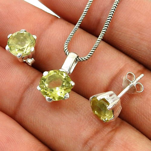 Lemon Topaz Gemstone Earring Pendant Set 925 Sterling Silver Vintage Look Jewelry H2