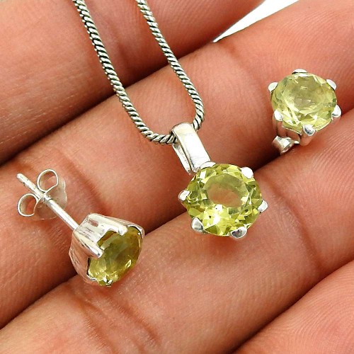 Lemon Topaz Gemstone Earring Pendant Set 925 Sterling Silver Handmade Jewelry K2