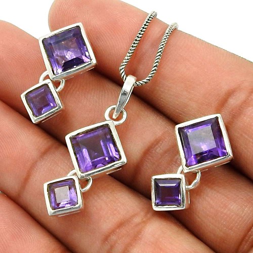 Amethyst Gemstone Earring Pendant Set 925 Sterling Silver Handmade Indian Jewelry N2