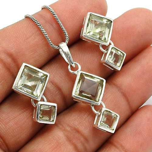 Green Amethyst Gemstone Earring Pendant Set 925 Sterling Silver Vintage Jewelry O2