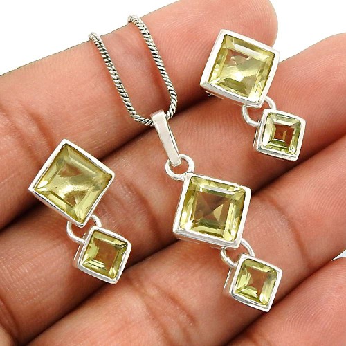 Lemon Topaz Gemstone Earring Pendant Set 925 Sterling Silver Vintage Look Jewelry R2