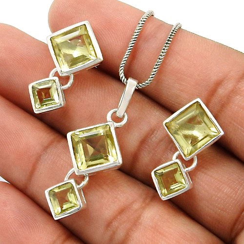 Lemon Topaz Gemstone Earring Pendant Set 925 Sterling Silver Stylish Jewelry S2