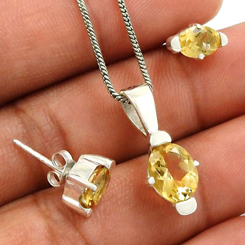 Citrine Gemstone Earring Pendant Set 925 Sterling Silver Tribal Jewelry D3