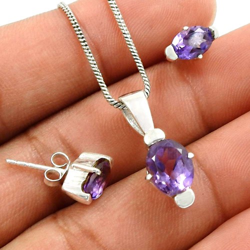 Amethyst Gemstone Earring Pendant Set 925 Sterling Silver Indian Jewelry F3