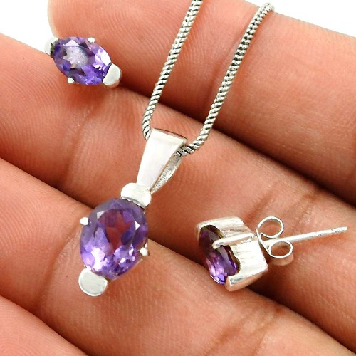 Amethyst Gemstone Earring Pendant Set 925 Sterling Silver Indian Handmade Jewelry G3