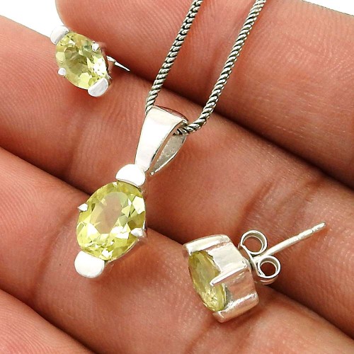 Lemon Topaz Gemstone Earring Pendant Set 925 Sterling Silver Vintage Jewelry I3