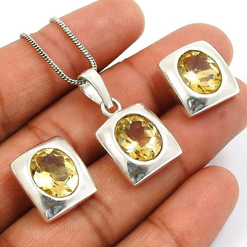 Citrine Gemstone Earring Pendant Set 925 Sterling Silver Vintage Look Jewelry V3