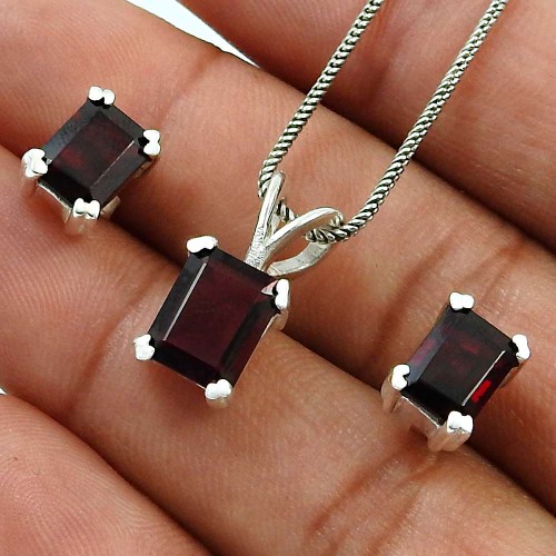 Garnet Gemstone Earring Pendant Set 925 Sterling Silver Handmade Indian Jewelry B4