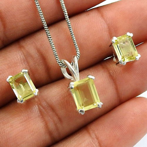 Lemon Topaz Gemstone Earring Pendant Set 925 Sterling Silver Tribal Jewelry H4