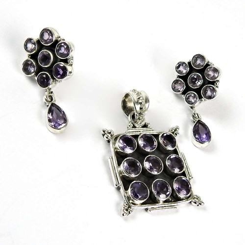 Good-Looking Amethyst Gemstone Sterling Silver Pendant and Earrings Set 925 Sterling Silver Antique Jewellery Set