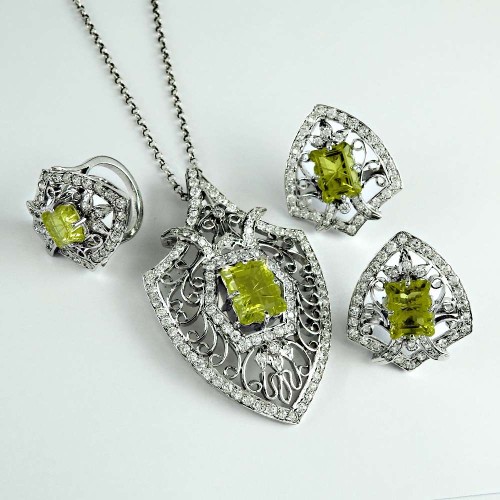 True Emotion 925 Sterling Silver Lemon Topaz CZ Gemstone Earring Pendant and Ring Set