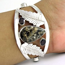 Great Creation ! Turetella Agate, Garnet & Lemon Quartz 925 Sterling Silver Bangle