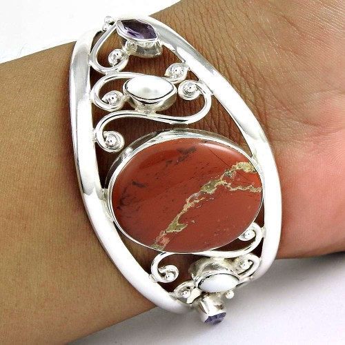 Modern Style ! Red Jasper, Pearl, Amethystyst 925 Sterling Silver Bangle