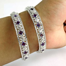 Antique Look 925 Sterling Silver Amethyst Gemstone Bangle