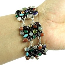 Multi Gemstone 925 Sterling Silver Bracelet Handmade Indian Ethnic Jewellery C2