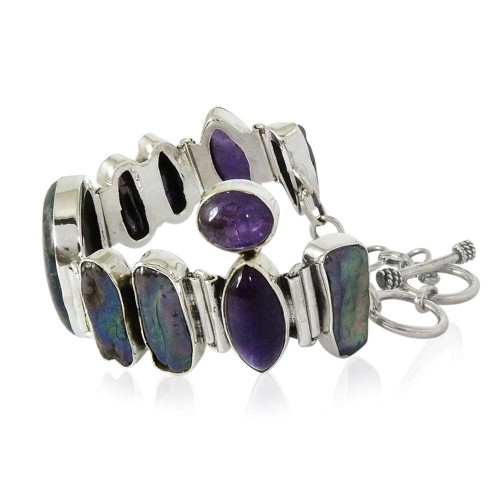 Natural Beauty !! Biwa Pearl, Amethyst 925 Sterling Silver Bracelet