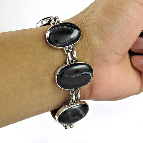 Classy Style ! 925 Sterling Silver Stripped Onyx Bracelet