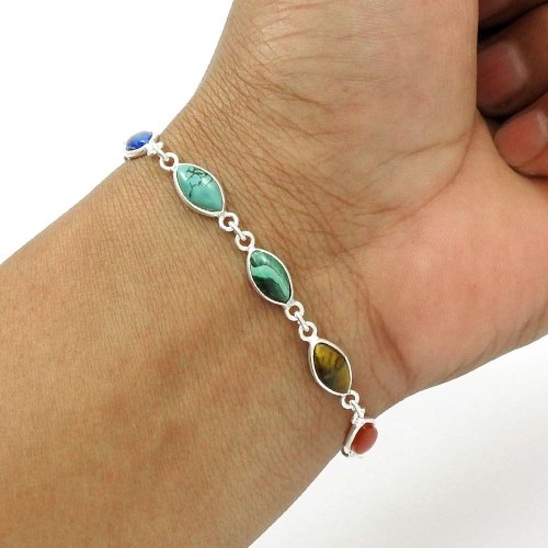 Natural TURQUOISE GARNET CARNELIAN Tiger Eye Silver Chakra Bracelet X1