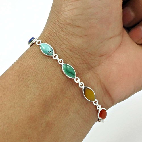 Silver Natural TURQUOISE GARNET CARNELIAN Tiger Eye Chakra Bracelet E2