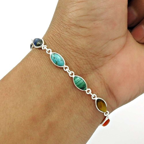 Silver Natural TURQUOISE GARNET CARNELIAN Tiger Eye Chakra Bracelet G2