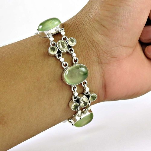 Soigne Prehnite, Citrine Gemstone Sterling Silver Bracelet Jewelry