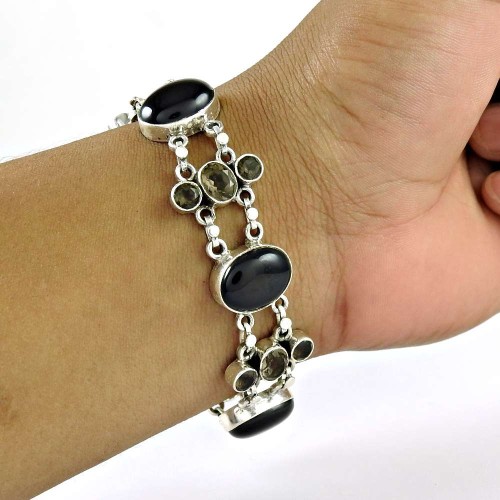 Big Natural Top Black Onyx, Smoky Quartz Gemstone Sterling Silver Bracelet Jewelry