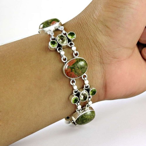 Solid Unakite, Peridot Gemstone Sterling Silver Bracelet Jewelry