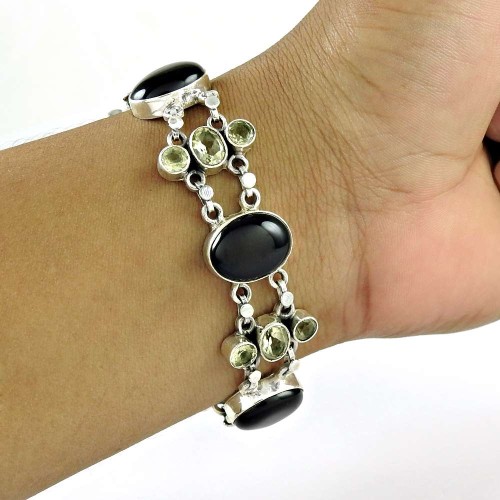 Big Excellent Black Onyx, Green Amethyst Gemstone Sterling Silver Bracelet Jewelry