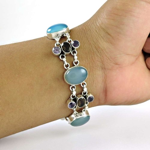 Stylish Chalcedony, Smoky Quartz, Amethyst Gemstone Sterling Silver Bracelet Jewelry