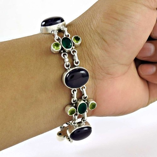 Stylish!! 925 Sterling Silver Amethyst, Peridot, Green Onyx Bracelet