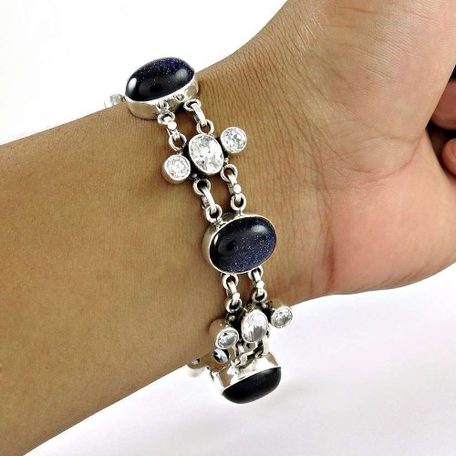 Jumbo Fantastic !! 925 Sterling Silver Blue Sunstone, White CZ Chain Bracelet