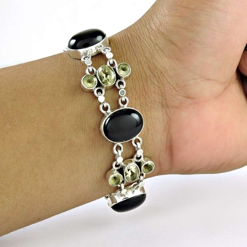 Big Fabulous Black Onyx, Citrine Gemstone Sterling Silver Bracelet Jewelry