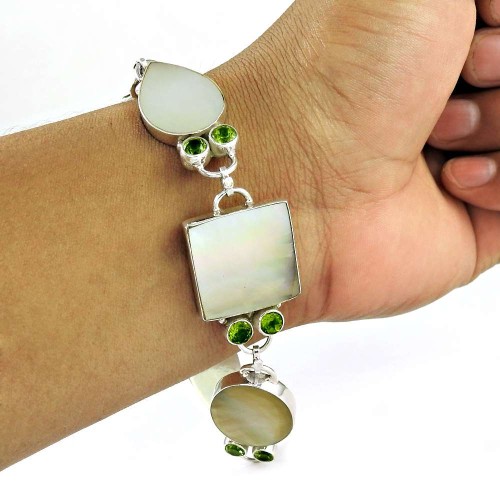 Stunning Rich MOther Of Pearl, Peridot Gemstone Sterling Silver Bracelet Jewelry