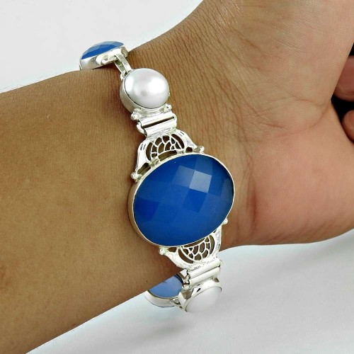 Perfect Chalcedony, Pearl Gemstone Sterling Silver Bracelet Sterling Silver Jewellery