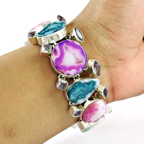 Paradise Bloom ! Agate Geode Druzy, Amethyst Gemstone Sterling Silver Bracelet Jewelry