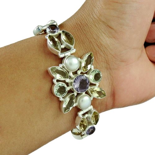 Stylish ! Citrine, Amethyst, Green Amethyst, Pearl Gemstone Sterling Silver Bracelet Jewelry