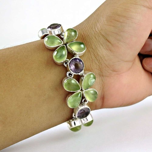 Victorian Style ! Prehnite, Amethyst Gemstone Sterling Silver Bracelet Jewelry