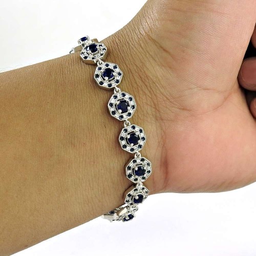 Caribbean Sea !! 925 Sterling Silver Iolite, White CZ, Inlay Bracelet