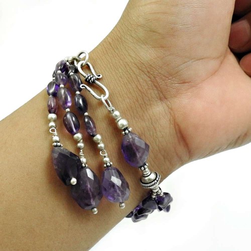 Amethyst Gemstone Beaded Bracelet 925 Sterling Silver Vintage Look Jewelry B3