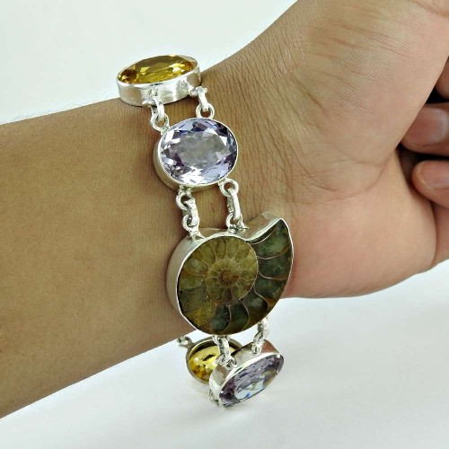 925 Sterling Silver Jewelry High Polish Ammonite, Amethyst, Citrine Gemstone Bracelet